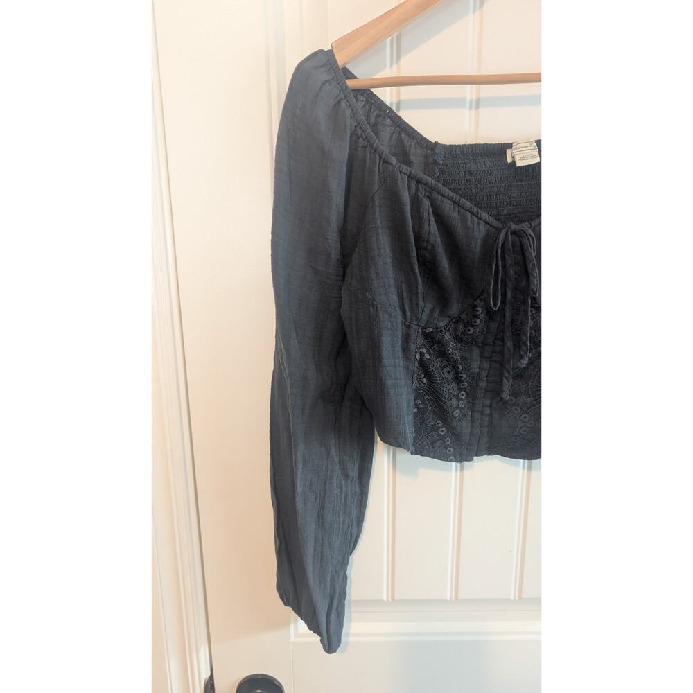 American Eagle Cropped Lace Blouse Women Large Black Boho Cottage Prairie Fairy - Picture 5 of 11